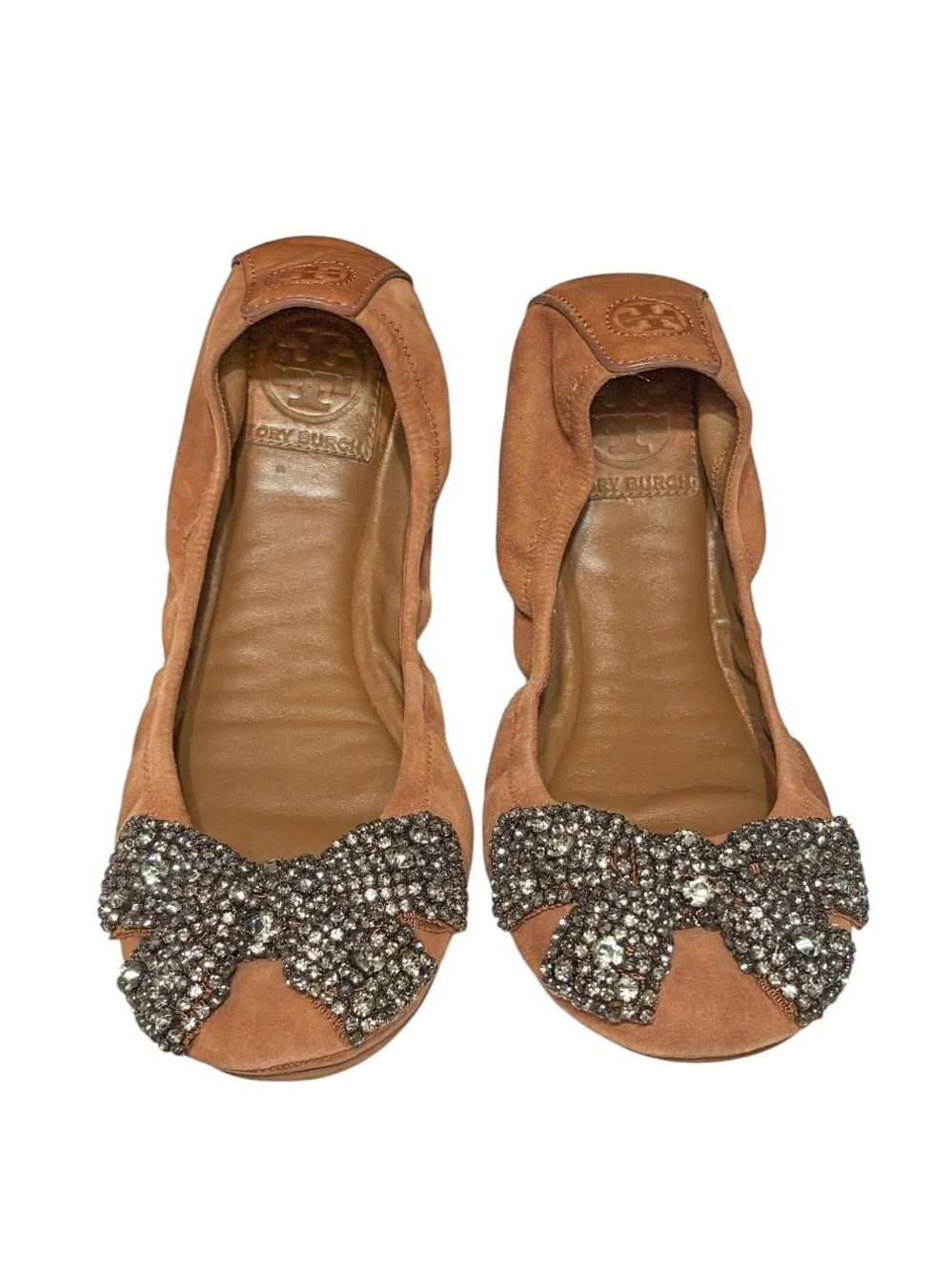 Tory Burch Eddie Leather Rhinestone Bow Ballerina Flats